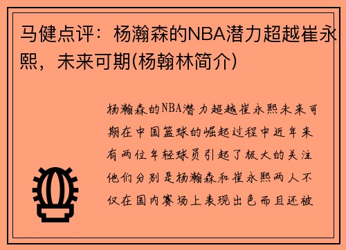 马健点评：杨瀚森的NBA潜力超越崔永熙，未来可期(杨翰林简介)